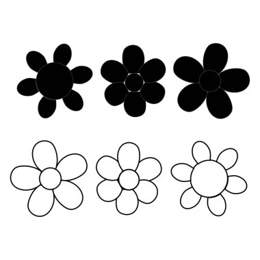 Siyah papatya çiçeği simgelerinin katı siluet ve taslak tarzında koleksiyonu, logo tasarımı, markalaşma, dekoratif öğeler, baskı, ambalaj ve modern botanik temalı projeler için mükemmel..