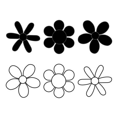 Siyah papatya çiçeği simgelerinin katı siluet ve taslak tarzında koleksiyonu, logo tasarımı, markalaşma, dekoratif öğeler, baskı, ambalaj ve modern botanik temalı projeler için mükemmel..