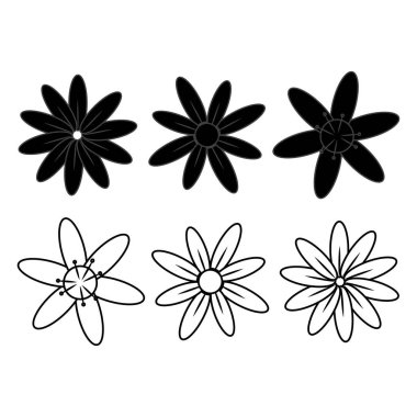 Siyah papatya çiçeği simgelerinin katı siluet ve taslak tarzında koleksiyonu, logo tasarımı, markalaşma, dekoratif öğeler, baskı, ambalaj ve modern botanik temalı projeler için mükemmel..