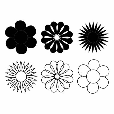 Siyah papatya çiçeği simgelerinin katı siluet ve taslak tarzında koleksiyonu, logo tasarımı, markalaşma, dekoratif öğeler, baskı, ambalaj ve modern botanik temalı projeler için mükemmel..