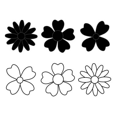 Siyah papatya çiçeği simgelerinin katı siluet ve taslak tarzında koleksiyonu, logo tasarımı, markalaşma, dekoratif öğeler, baskı, ambalaj ve modern botanik temalı projeler için mükemmel..