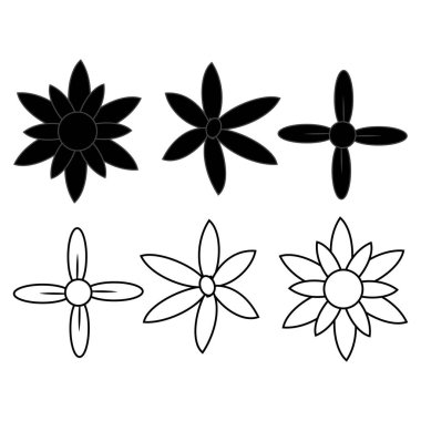 Siyah papatya çiçeği simgelerinin katı siluet ve taslak tarzında koleksiyonu, logo tasarımı, markalaşma, dekoratif öğeler, baskı, ambalaj ve modern botanik temalı projeler için mükemmel..