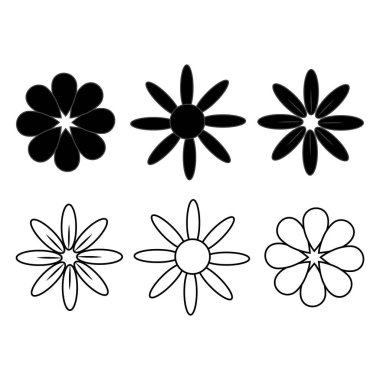 Siyah papatya çiçeği simgelerinin katı siluet ve taslak tarzında koleksiyonu, logo tasarımı, markalaşma, dekoratif öğeler, baskı, ambalaj ve modern botanik temalı projeler için mükemmel..