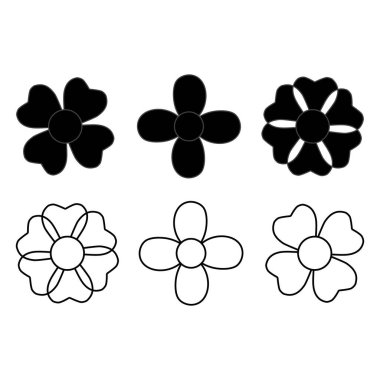 Siyah papatya çiçeği simgelerinin katı siluet ve taslak tarzında koleksiyonu, logo tasarımı, markalaşma, dekoratif öğeler, baskı, ambalaj ve modern botanik temalı projeler için mükemmel..