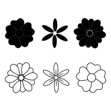 Siyah papatya çiçeği simgelerinin katı siluet ve taslak tarzında koleksiyonu, logo tasarımı, markalaşma, dekoratif öğeler, baskı, ambalaj ve modern botanik temalı projeler için mükemmel..