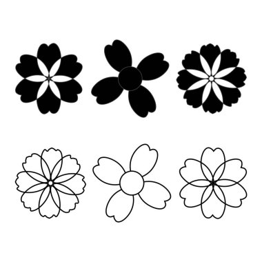 Siyah papatya çiçeği simgelerinin katı siluet ve taslak tarzında koleksiyonu, logo tasarımı, markalaşma, dekoratif öğeler, baskı, ambalaj ve modern botanik temalı projeler için mükemmel..