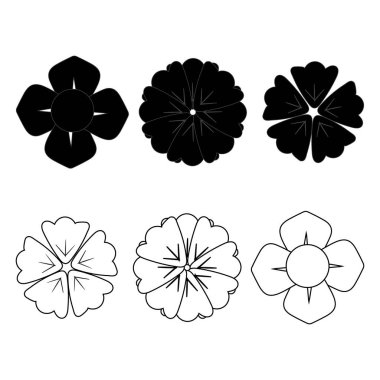 Siyah papatya çiçeği simgelerinin katı siluet ve taslak tarzında koleksiyonu, logo tasarımı, markalaşma, dekoratif öğeler, baskı, ambalaj ve modern botanik temalı projeler için mükemmel..