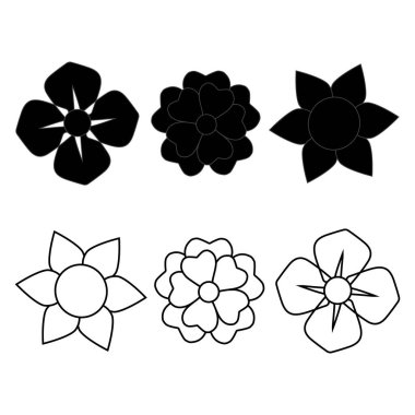 Siyah papatya çiçeği simgelerinin katı siluet ve taslak tarzında koleksiyonu, logo tasarımı, markalaşma, dekoratif öğeler, baskı, ambalaj ve modern botanik temalı projeler için mükemmel..