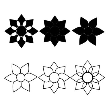 Siyah papatya çiçeği simgelerinin katı siluet ve taslak tarzında koleksiyonu, logo tasarımı, markalaşma, dekoratif öğeler, baskı, ambalaj ve modern botanik temalı projeler için mükemmel..