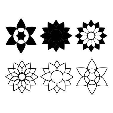 Siyah papatya çiçeği simgelerinin katı siluet ve taslak tarzında koleksiyonu, logo tasarımı, markalaşma, dekoratif öğeler, baskı, ambalaj ve modern botanik temalı projeler için mükemmel..