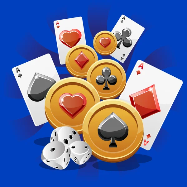 Poker kartları, zar ve para çizimi — Stok Vektör