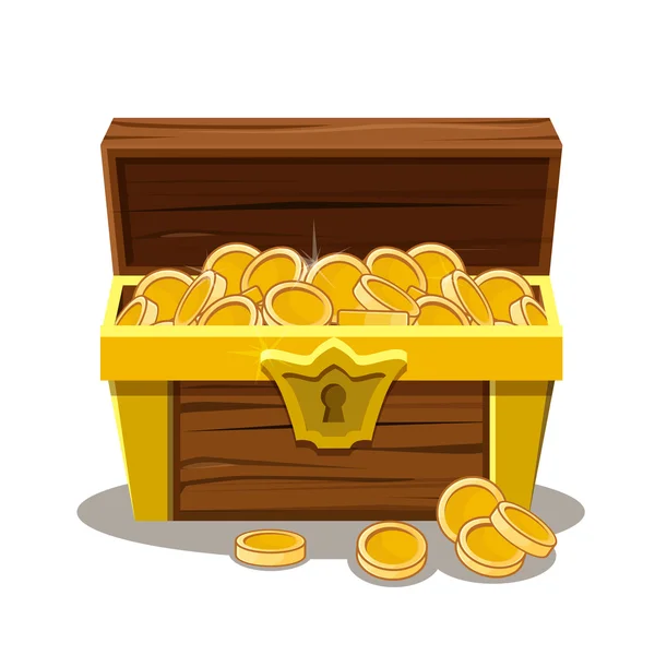 Madera cofre del tesoro y moneda — Vector de stock