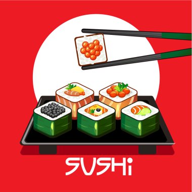 Suşi rulo ve bir tabakta yemek çubukları ile