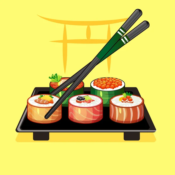 Dengan sushi gulung dan sumpit di piring 2 - Stok Vektor