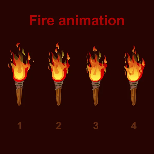 Fakkel vuur animatie sprites, vlam videoframes — Stockvector