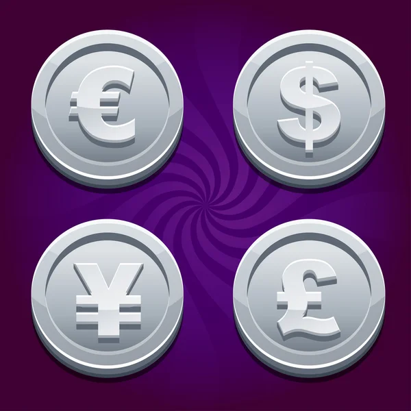 Dollar, Euro, Livre et Yen, pièces d'argent — Image vectorielle