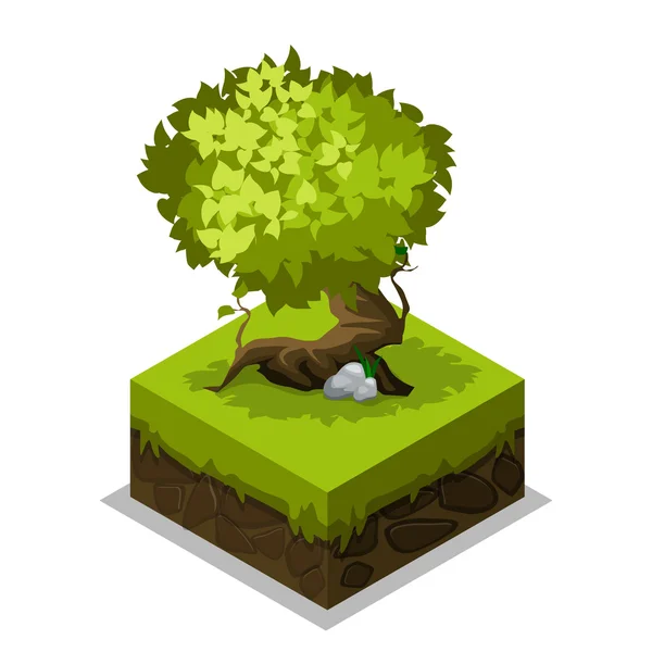 Nature isométrique terre, herbe et arbre . — Image vectorielle