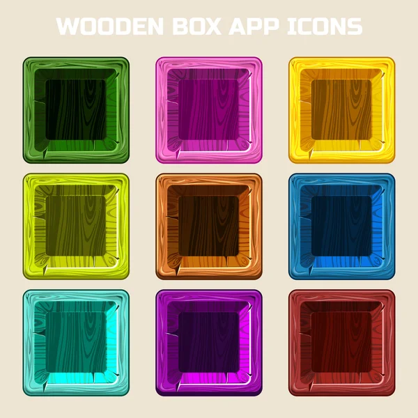 Colores cuadrados iconos de aplicaciones de caja de madera — Vector de stock