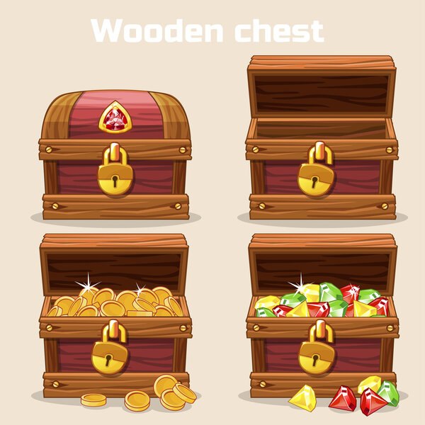 Opened and closed antique chest with coins  diamonds