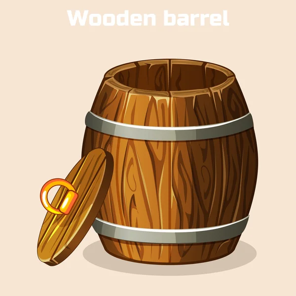 Barril de madera abierta de dibujos animados, elementos del juego — Vector de stock