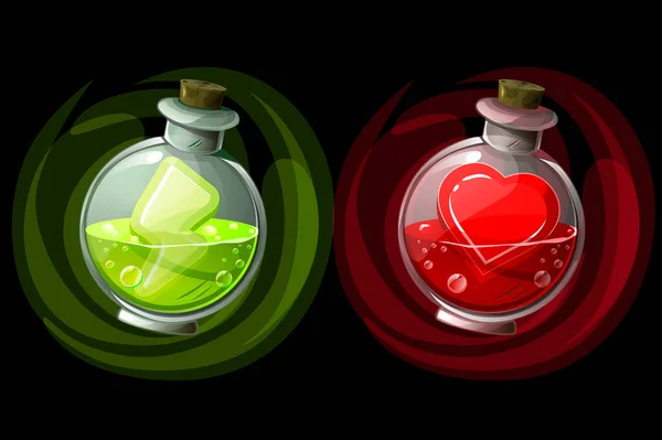 Set de pociones en botellas redondas de vidrio con iconos. — Vector de stock