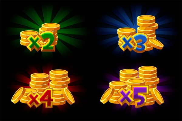 Illustrazione vettoriale delle monete bonus X2, X3, X4, X5 nel gioco. — Vettoriale Stock
