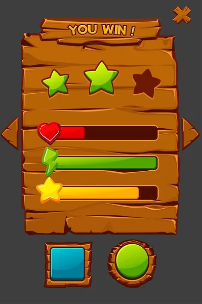 Concepção do jogo ilustração interface de madeira com botões. — Vetor de Stock