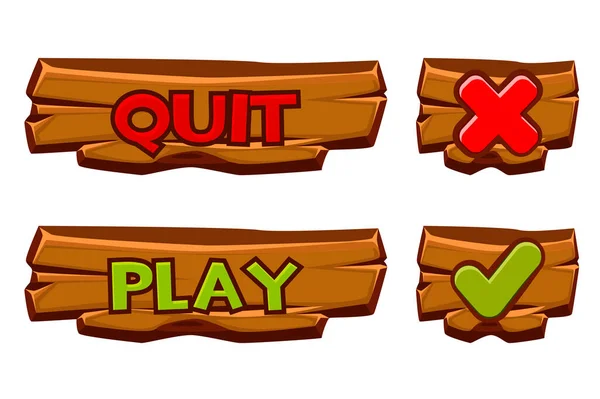 Set of vector wooden buttons play and quit. — Stock Vector