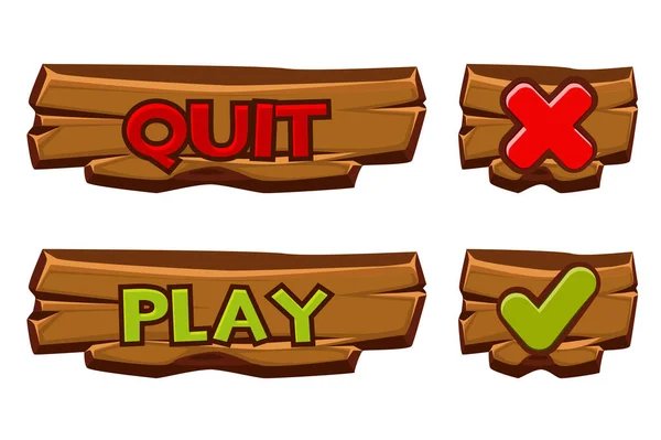 Set of vector wooden buttons play and quit. — Stock Vector