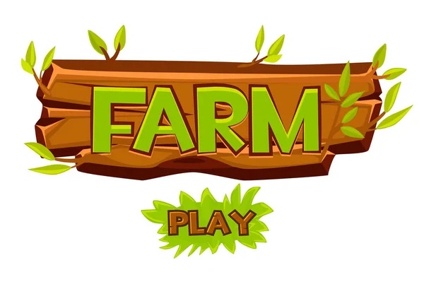Vector wooden farm logo for ui game and play button. — Stock Vector