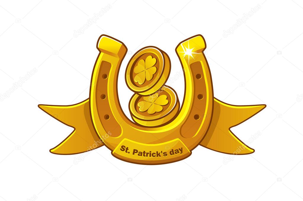 Vector card with a gold horseshoe and coins with clover.
