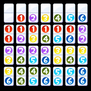 Çocukların domino taşlarından oluşan izole edilmiş renkli sayılar kümesi. Çocuklar domino koleksiyonu çizimi.