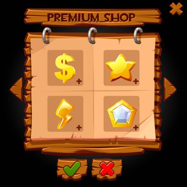 Oyunlar için tahta pencere prim mağazası. Alışveriş simgeleri olan bir karatahtanın vektör illüstrasyonu.