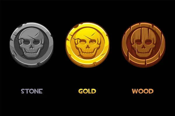 Marca negra pirata, oro, madera, monedas de piedra con un cráneo. — Vector de stock