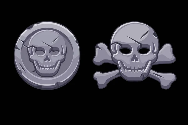 Marca negra pirata, iconos de piedra piedra con cráneo. — Vector de stock