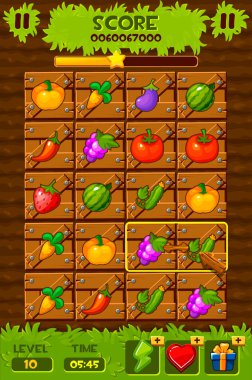 Game ui elements. 2d game icons and design elements. Vegetable Gardens, Field with wooden boxes and plants for the game match 3.