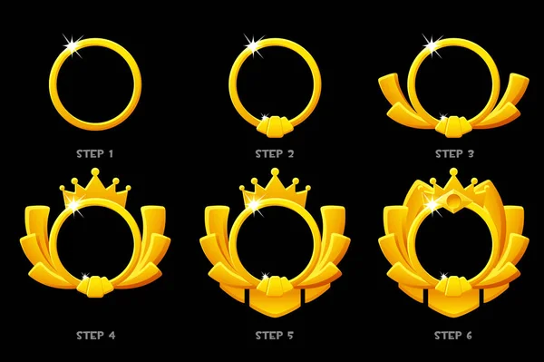 Gold frame game rank, round avatar template 6 steps animation for game. Stock Vector