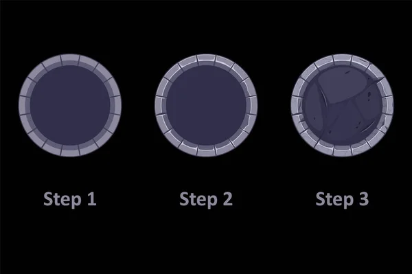 Gui Steinumrandung für App-Symbol, 3 Schritte Zeichnung grauer Rahmen für Spiel. — Stockvektor