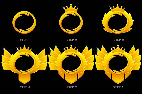 Gold frame game rank, round avatar template 6 steps animation drawing for game. — Stockový vektor