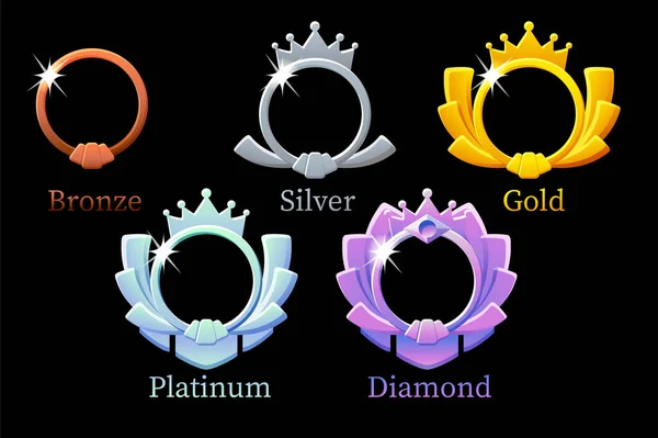 Frame spel rang, goud, zilver, platina, brons, diamant ronde avatar template 6 stappen animatie voor spel. — Stockvector