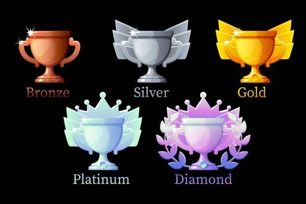 Game Rank awards cup, gold, silver, platinum, bronza, diamond cups 6 steps animation for game. — стоковый вектор