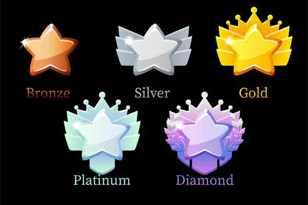 Game Rank odměna hvězda, zlato, stříbro, platina, bronz, diamant ikony 6 kroků animace pro hru. — Stockový vektor