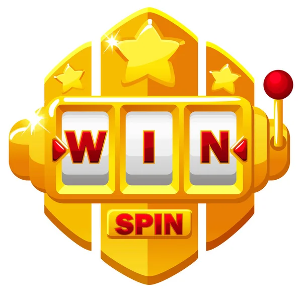 Golden Slot Machine i przycisk SPIN, wygrać liternictwo z gwiazdami dla ui gry. — Wektor stockowy