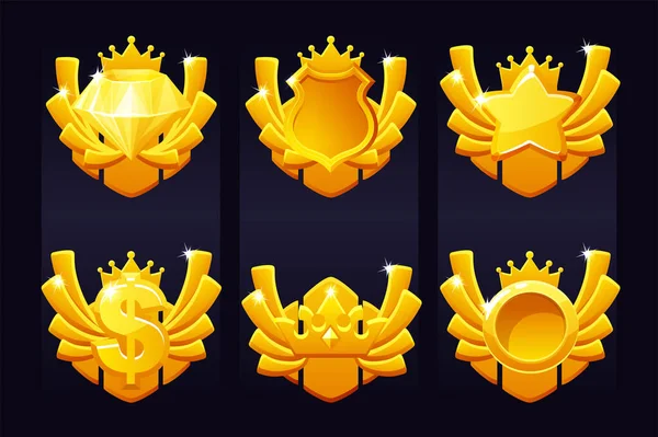 Conjunto de premios de oro con iconos corona, dólar, diamante, escudo para el juego ui. — Archivo Imágenes Vectoriales