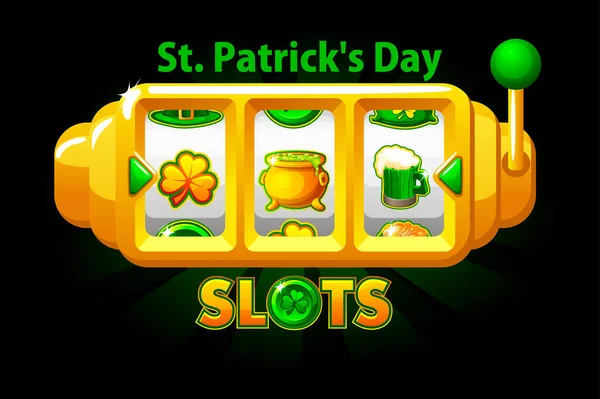 St. Patricks Day nyerőgép, lóhere jackpot szimbólum ui játék. — Stock Vector