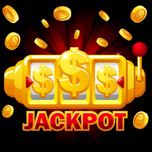 Gold Slot Machine, bonus dolar jackpot, splash monety dla ui gry. — Wektor stockowy