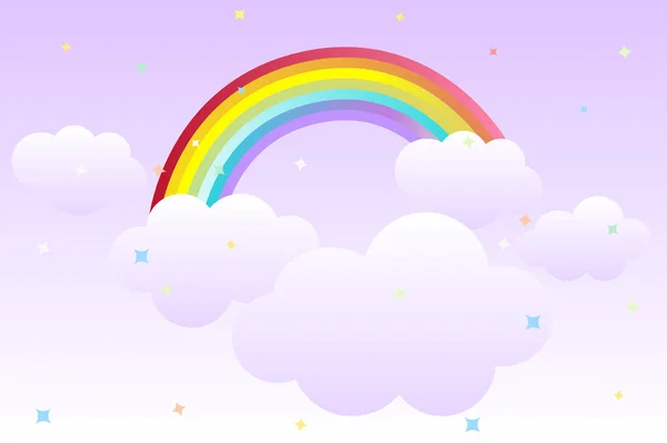 Cartoon background with rainbow in the sky and clouds for graphic design. — Stock Vector