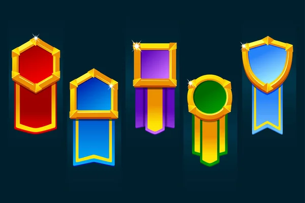 Insigne de récompense pour les ressources de jeu, médaillon de diverses formes avec ruban pour ui. — Image vectorielle