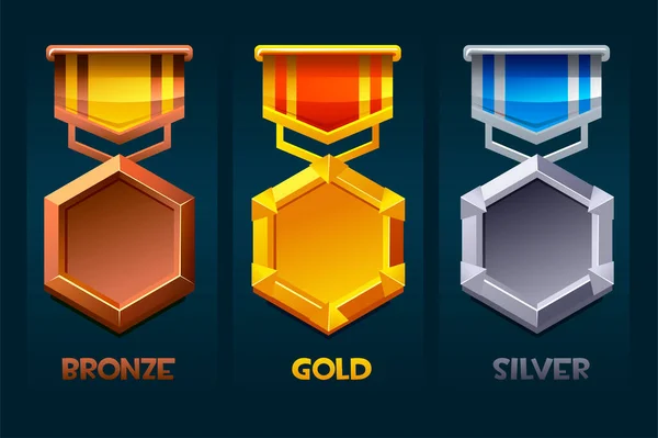 Nivå upp bricka belöning ikon guld, silver, brons för ui spel. — Stock vektor