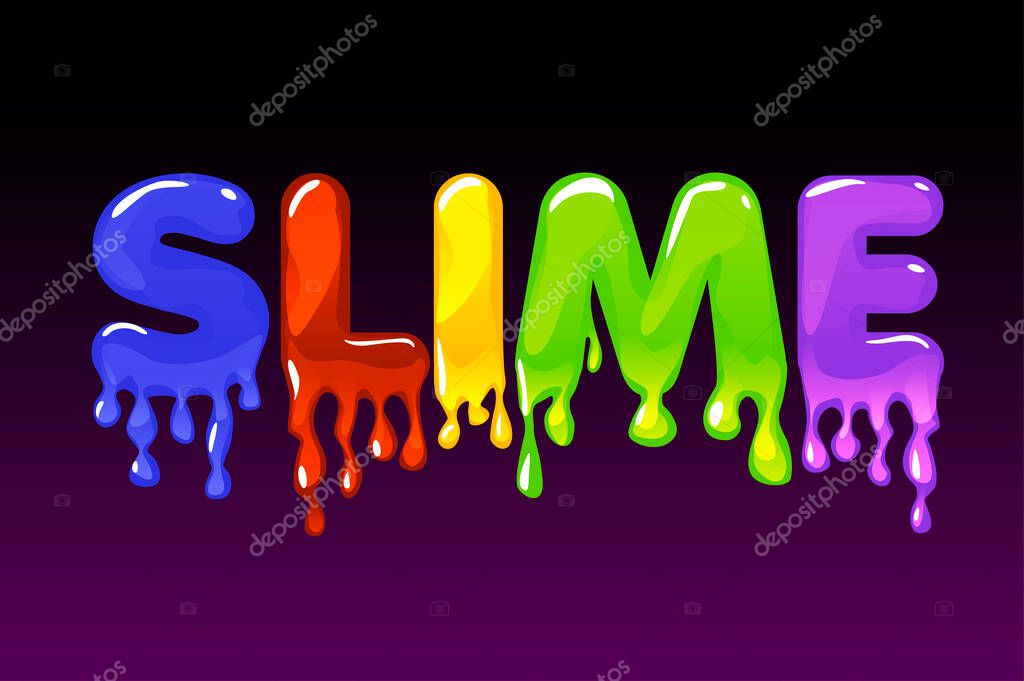 Slime multicolored text on dark background for banner. Vector illustration logo and a viscous and sticky substance for ui games.